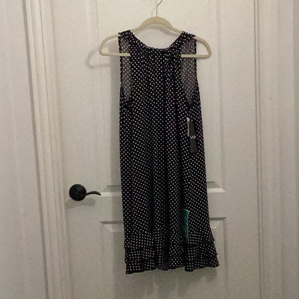 MSK Black Sleeveless Swing Dress 12 Black White Patterned Triple Ruffle Hem